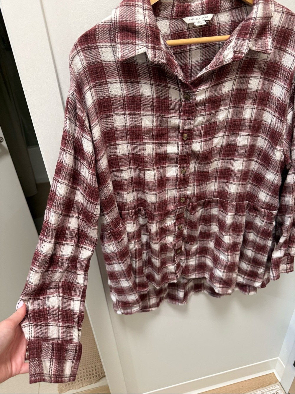 American Eagle Outfitters Burgundy & White Plaid Shirt - Picture 2 of 6